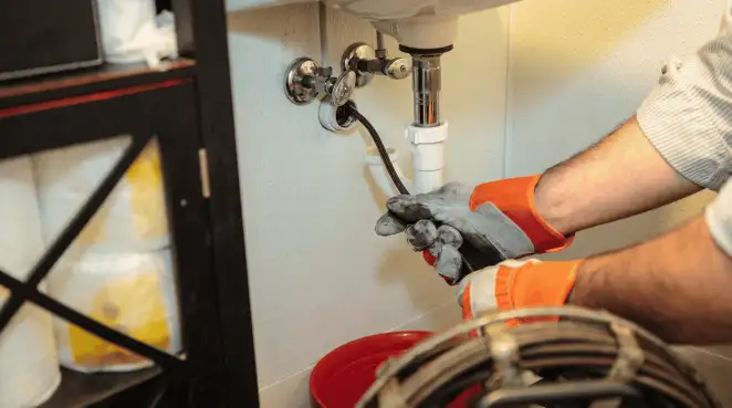 Drain cleaning technician using a motorized plumbing snake to clear a clogged sink pipe in Arvada, CO